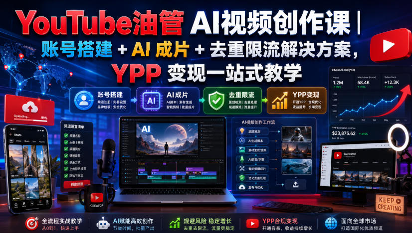 YouTube油管AI视频创作课|账号搭建+AI成片+去重限流解决方案,YPP变现一站式教学(更新0817)-来聚吧
