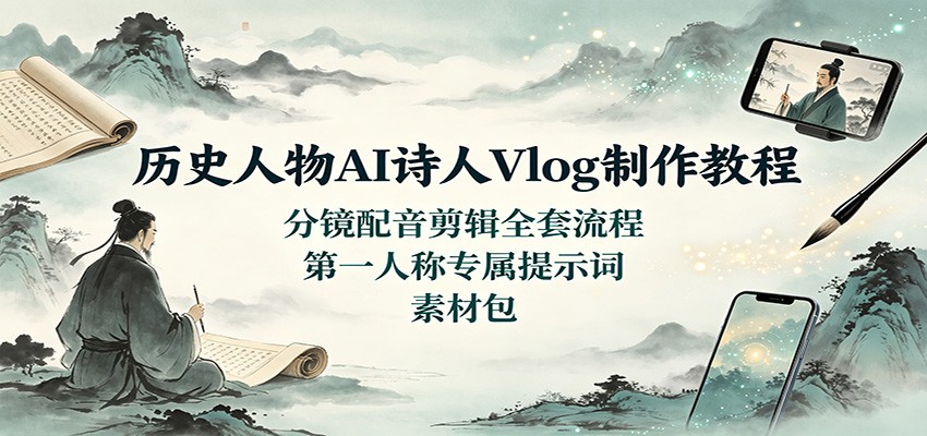 历史人物AI诗人Vlog制作教程:分镜配音剪辑全套流程,第一人称专属提示词素材包-来聚吧