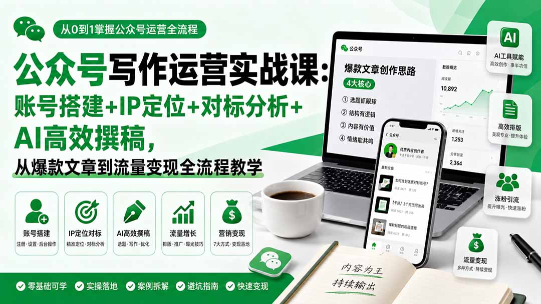 公众号写作运营实战课:账号搭建+IP定位+对标分析+AI高效撰稿,从爆款文章到流量变现全流程教学-来聚吧