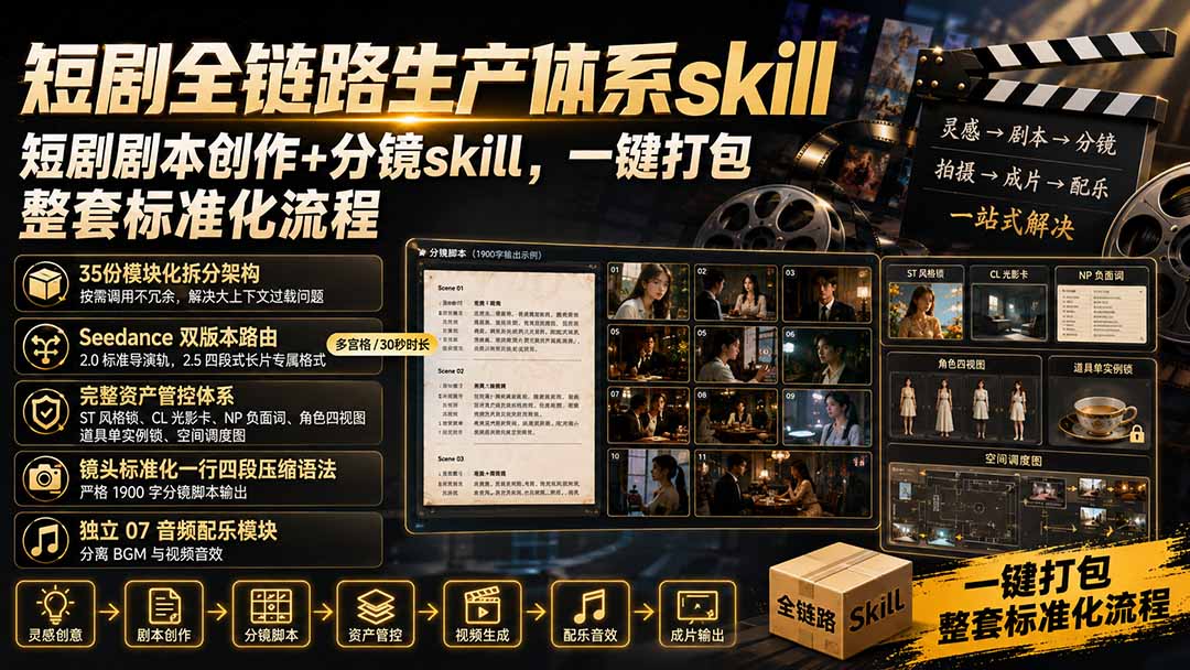 短剧全链路生产体系skill,短剧剧本创作+分镜skill,一键打包,整套标准化流程-来聚吧