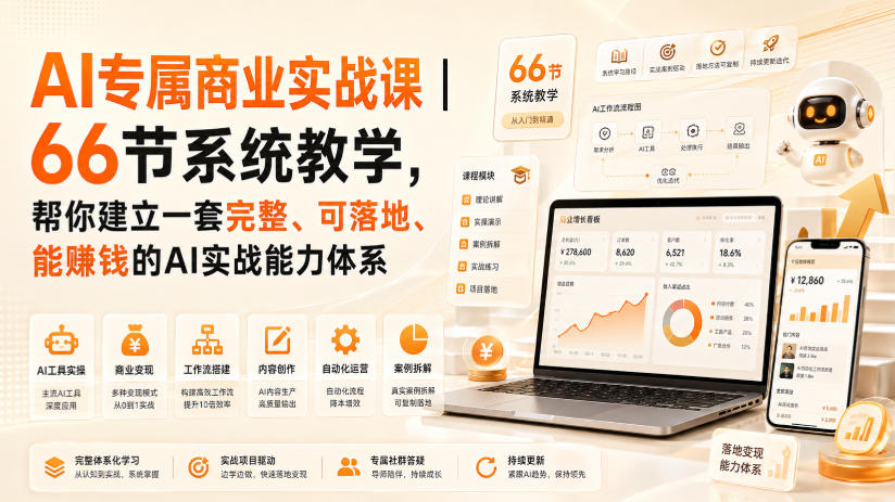 AI专属商业实战课|66节系统教学,帮你建立一套完整、可落地、能賺钱的AI实战能力体系-来聚吧