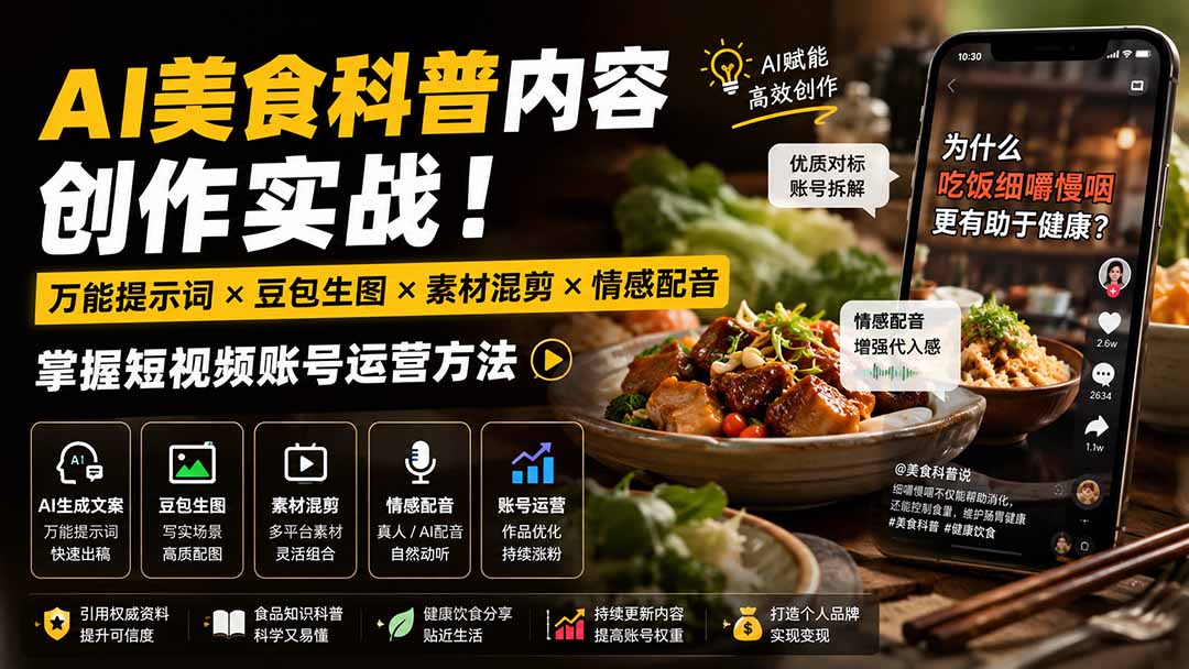外面卖199元-AI美食科普内容创作实战!万能提示词×豆包生图×素材混剪×情感配音,掌握短视频账号运营方法-来聚吧