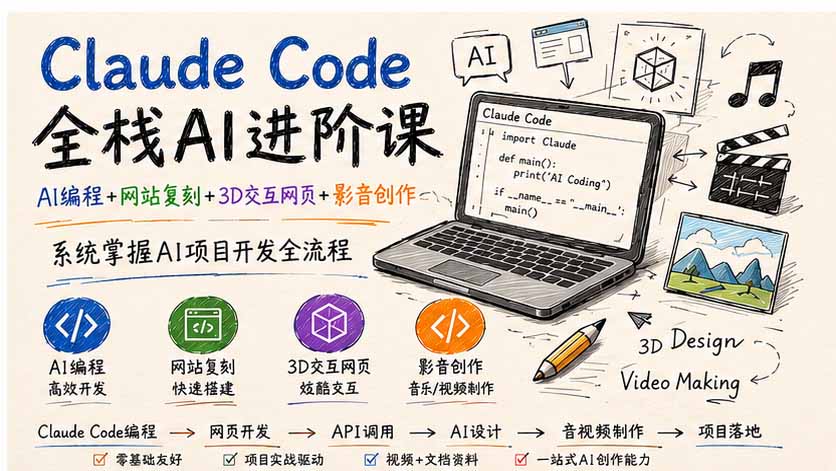 Claude Code全栈AI进阶课；AI编程+网站复刻+3D交互网页+影音创作，系统掌握AI项目开发全流程-来聚吧