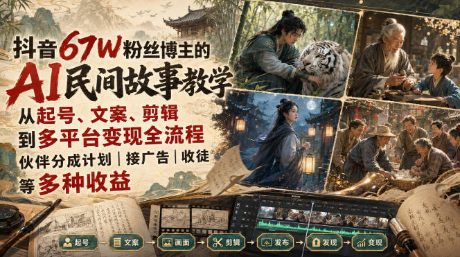 抖音67W粉丝博主的AI民间故事教学，从起号、文案、剪辑到多平台变现全流程，伙伴分成计划接广告等多种收益，月入1W+-来聚吧