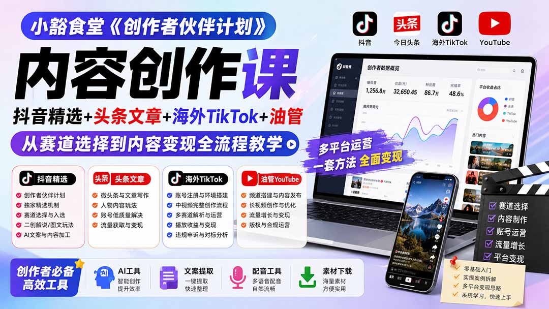 小豁食堂《创作者伙伴计划》内容创作课:抖音精选+头条文章+海外TikTok+油管,从赛道选择到内容变现全流程教学-来聚吧