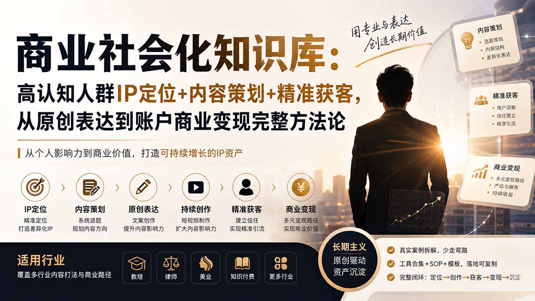 商业社会化知识库:高认知人群IP定位+内容策划+精准获客,从原创表达到账户商业变现完整方法论-来聚吧