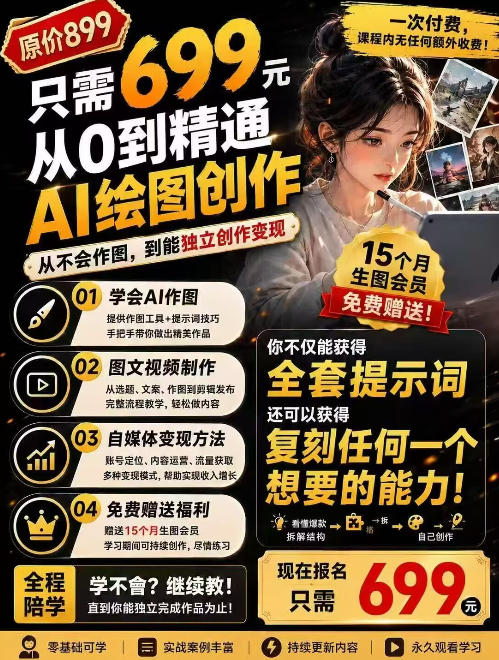 抖音10W粉丝博主的AI绘图教学，从0到精通AI绘图创作，从不会作图到能独立创作变现-来聚吧