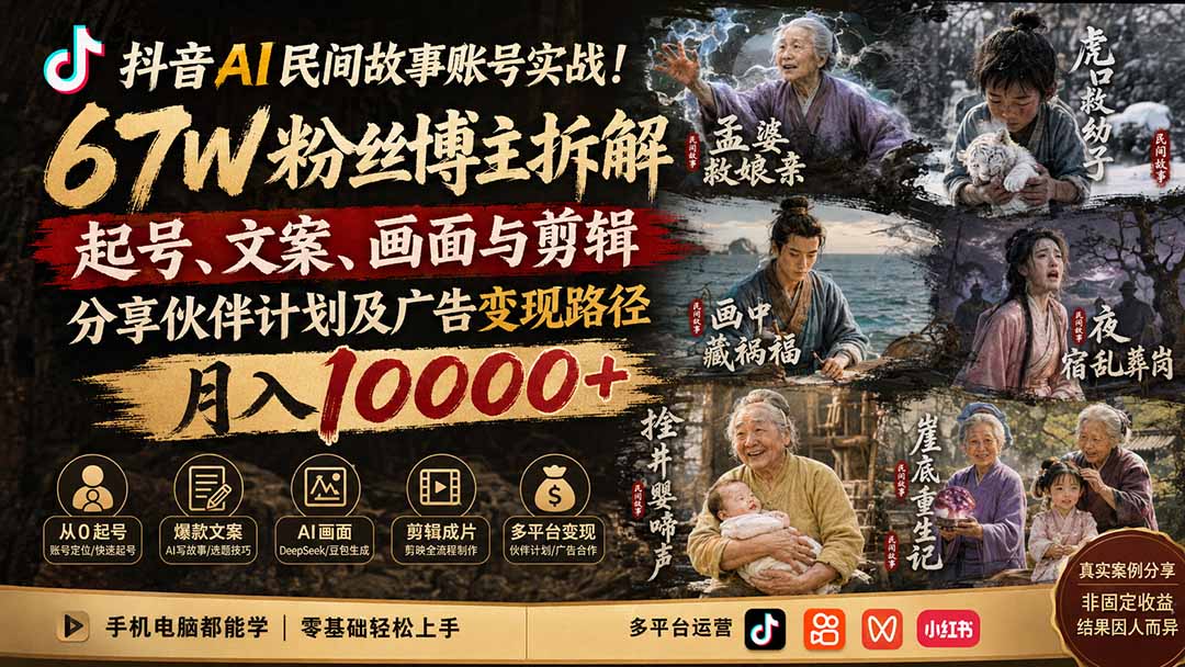 抖音AI民间故事账号实战！67W粉丝博主拆解起号、文案、画面与剪辑，分享伙伴计划及广告变现路径，月入10000+-来聚吧