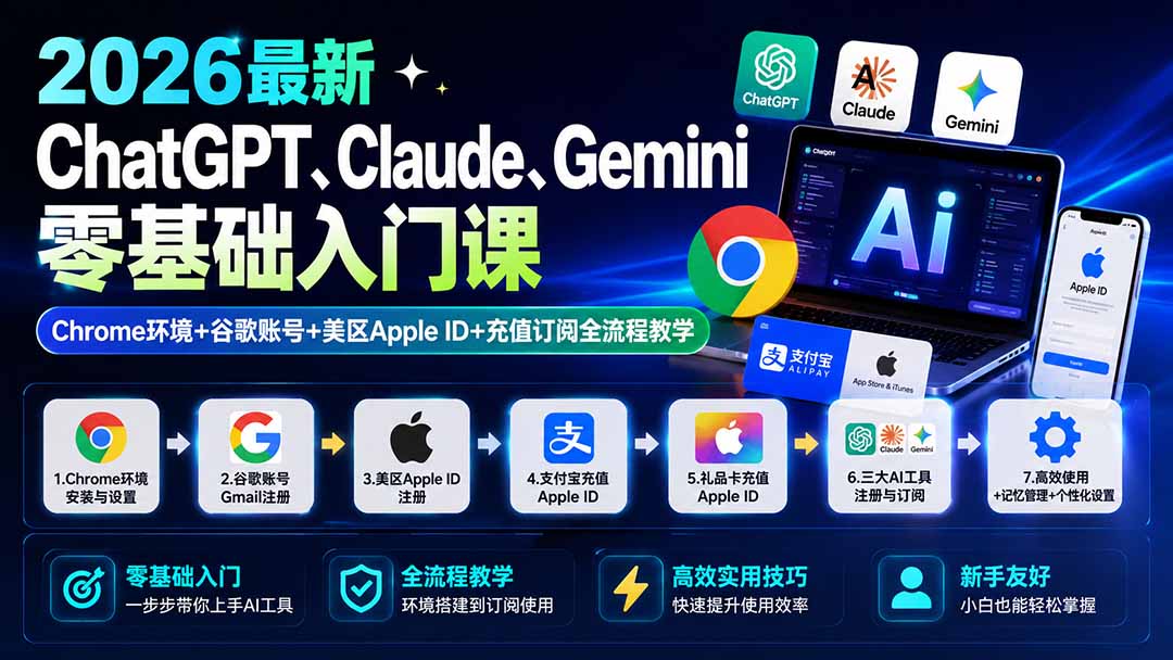 2026最新ChatGPT、Claude、Gemini零基础入门课:Chrome环境+谷歌账号+美区Apple ID+充值订阅全流程教学-来聚吧