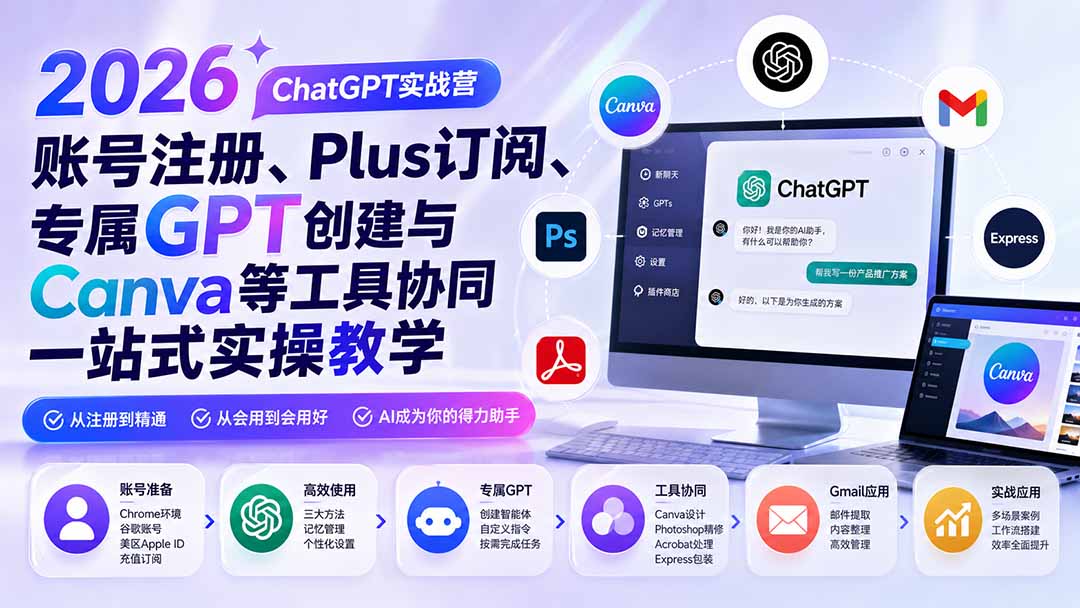 2026 ChatGPT实战营；账号注册、Plus订阅、专属GPT创建与Canva等工具协同一站式实操教学-来聚吧