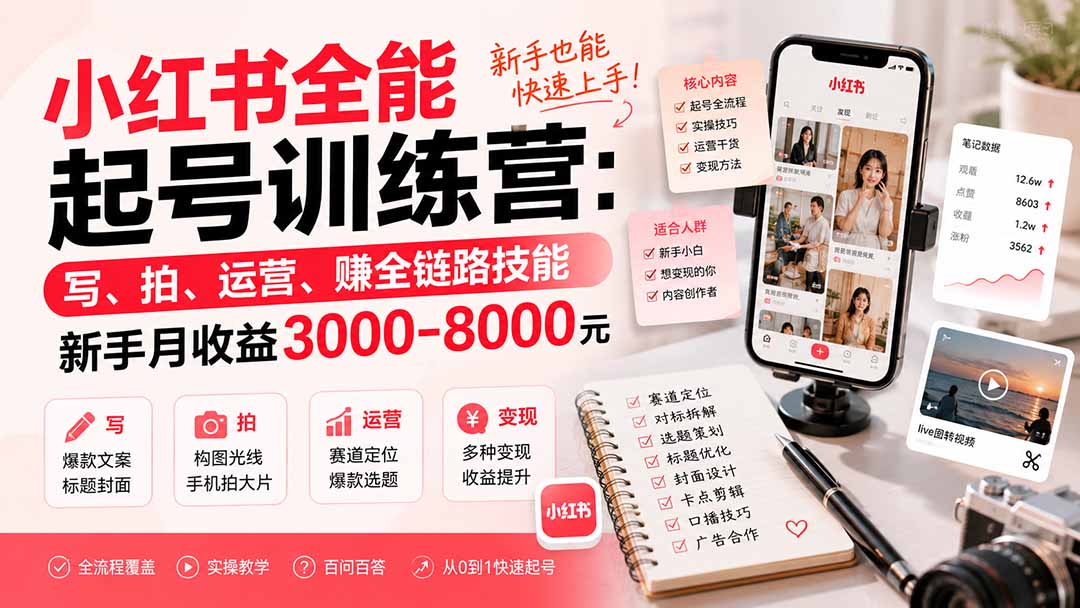 小红书全能起号训练营-更新:写、拍、运营、赚全链路技能,新手月收益3000-8000元-来聚吧