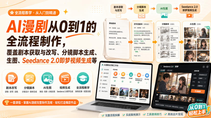AI漫剧从0到1的全流程制作,覆盖剧本获取与改写、分镜脚本生成、角色场景生图与三视图、Seedance 2.0即梦视频生成(PDF版)-来聚吧