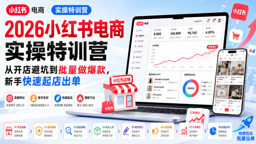 2026小红书电商实操特训营,从开店避坑到批量做爆款,新手快速起店出单-来聚吧