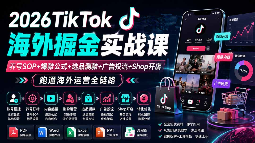 2026TikTok海外掘金实战课——养号SOP+爆款公式+选品测款+广告投流+Shop开店，跑通海外运营全链路-来聚吧