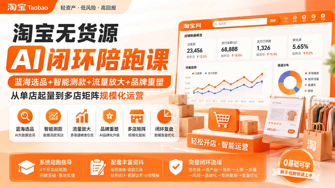 淘宝无货源AI闭环陪跑课:蓝海选品+智能测款+流量放大+品牌重塑,从单店起量到多店矩阵规模化运营-来聚吧