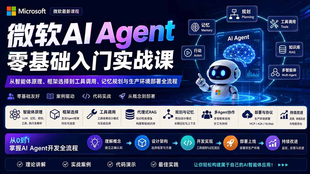 微软AI Agent零基础入门实战课:从智能体原理、框架选择到工具调用、记忆规划与生产环境部署全流程-来聚吧