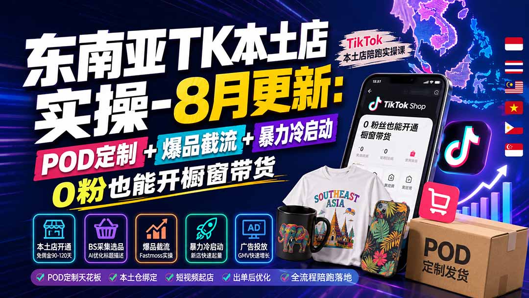 东南亚TK本土店实操-8月更新：POD定制+爆品截流+暴力冷启动，0粉也能开橱窗带货-来聚吧
