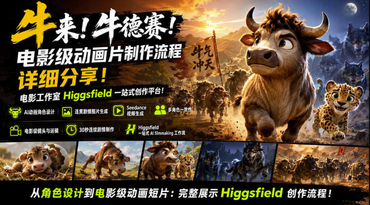 牛来！牛德赛！电影级动画片制作流程详细分享！电影工作室Higgsfield一站式创作平台，完整创作流程-来聚吧