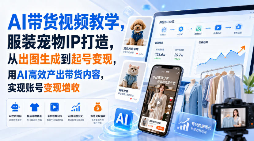 AI带货视频教学,服装宠物IP打造,从出图生成到起号变现,用AI高效产出带货内容,实现账号变现增收-来聚吧