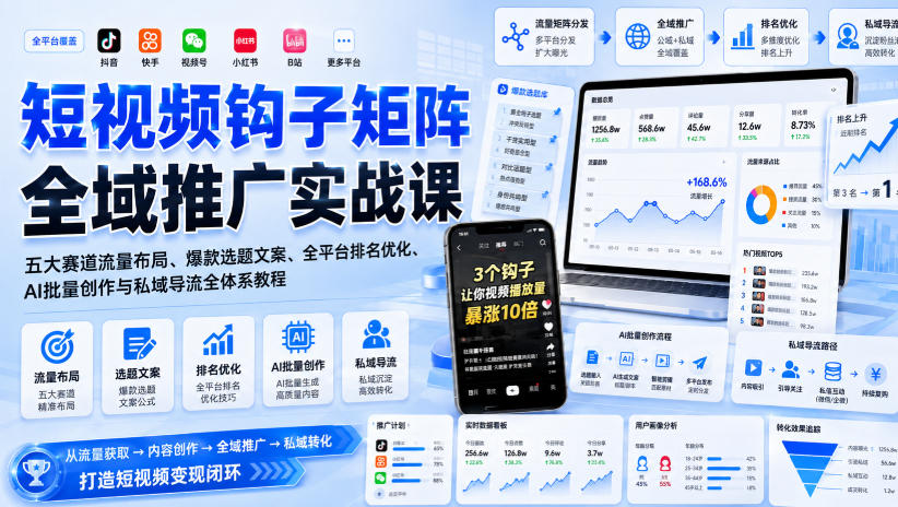 短视频钩子矩阵全域推广实战课｜五大赛道流量布局、爆款选题文案、全平台排名优化、AI批量创作与私域导流全体系教程-来聚吧
