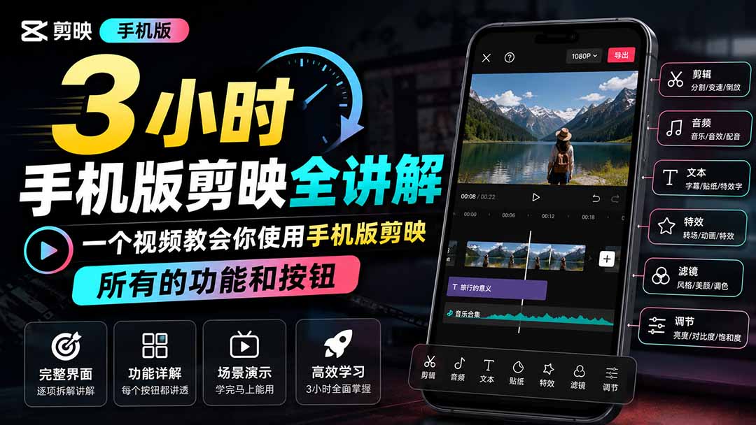 3小时手机版剪映全讲解,一个视频教会你使用手机版剪映,所有的功能和按钮-来聚吧