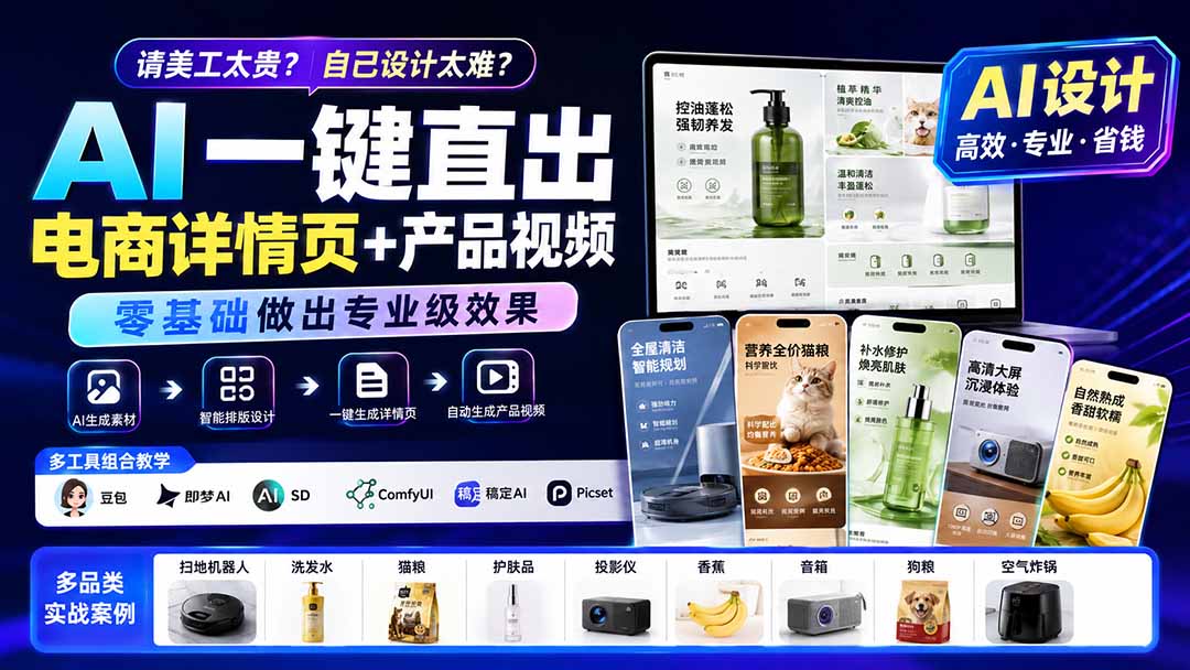请美工太贵？自己设计太难？AI一键直出电商详情页+产品视频，零基础做出专业级效果 (更新0820-来聚吧