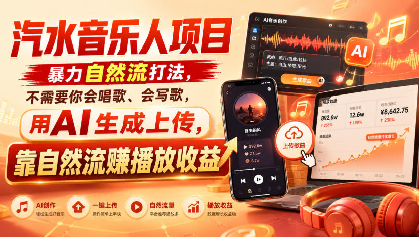 汽水音乐人项目,暴力自然流打法,不需要你会唱歌、会写歌,用AI生成上传,靠自然流賺播放收益-来聚吧