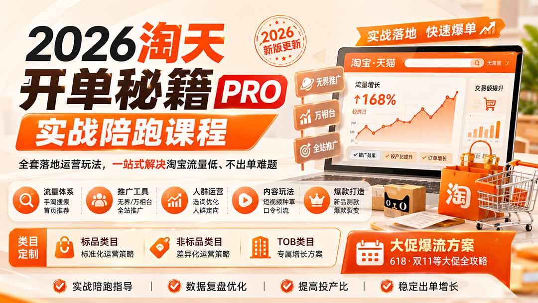 2026淘天开单秘籍PRO实战陪跑课程:全套落地运营玩法,一站式解决淘宝流量低、不出单难题(更新260823-来聚吧