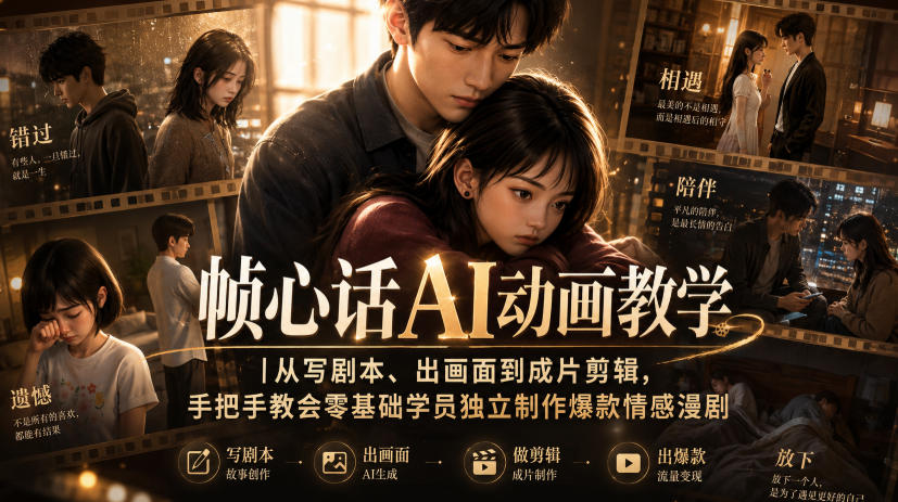 帧心话AI动画教学｜从写剧本、出画面到成片剪辑，手把手教会零基础学员独立制作爆款情感漫剧-来聚吧