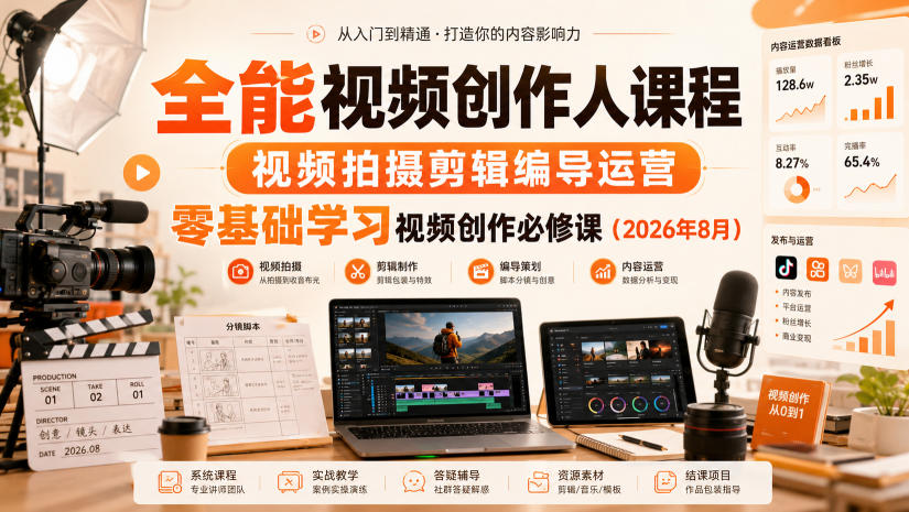 全能视频创作人课程,视频拍摄剪辑编导运营,零基础学习视频创作必修课(2026年8月)-来聚吧