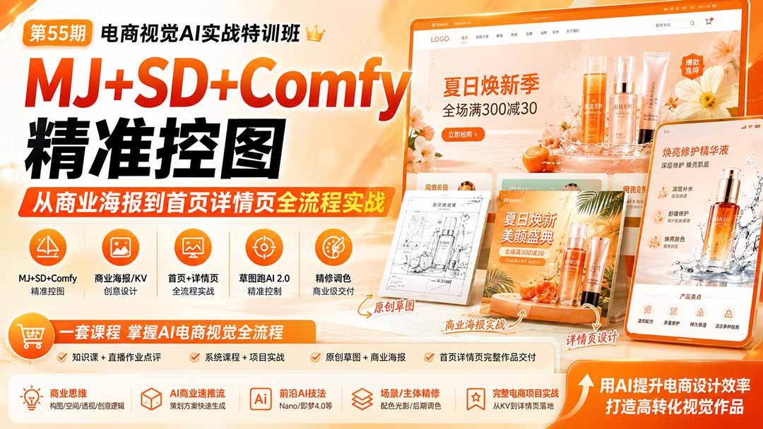 电商视觉 AI实战训练营第55期:MJ+SD+Comfy精准控图,从商业海报到首页详情页全流程实战-来聚吧