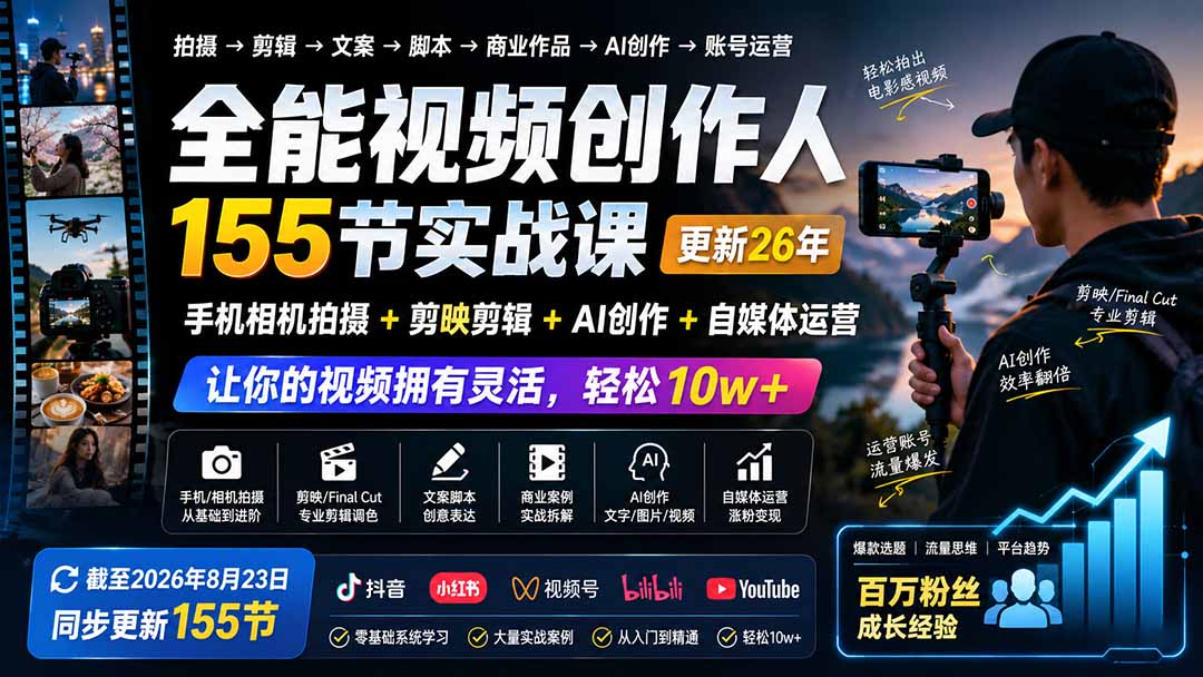 全能视频创作人155节实战课-更新26年8月:手机相机拍摄+剪映剪辑+AI创作+自媒体运营,让你的视频拥有灵活,轻松10w-来聚吧