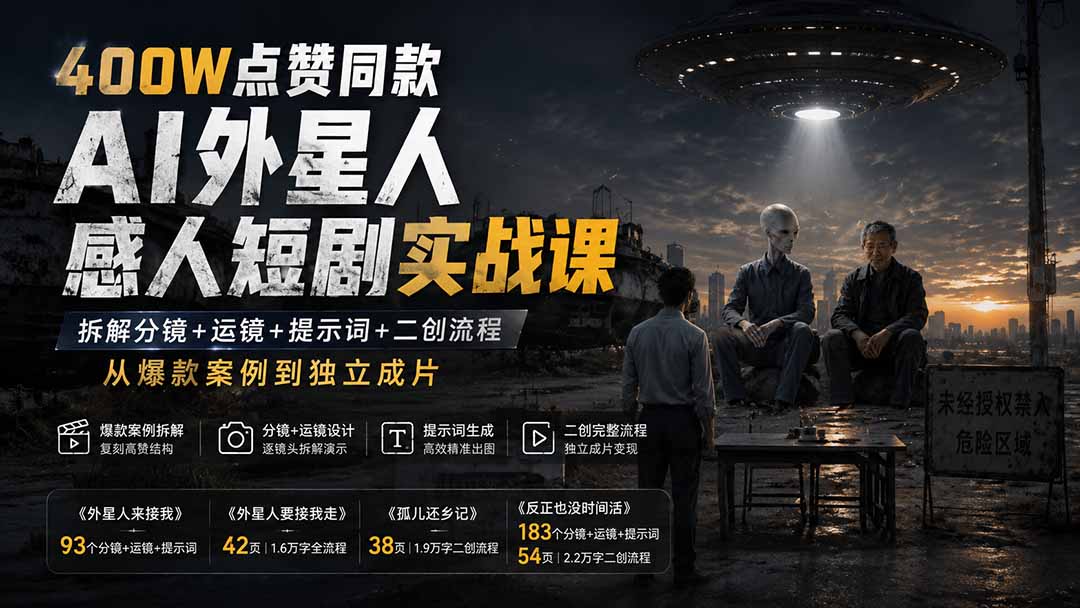 400W点赞同款AI外星人感人短剧实战课：拆解分镜+运镜+提示词+二创流程，从爆款案例到独立成片-来聚吧
