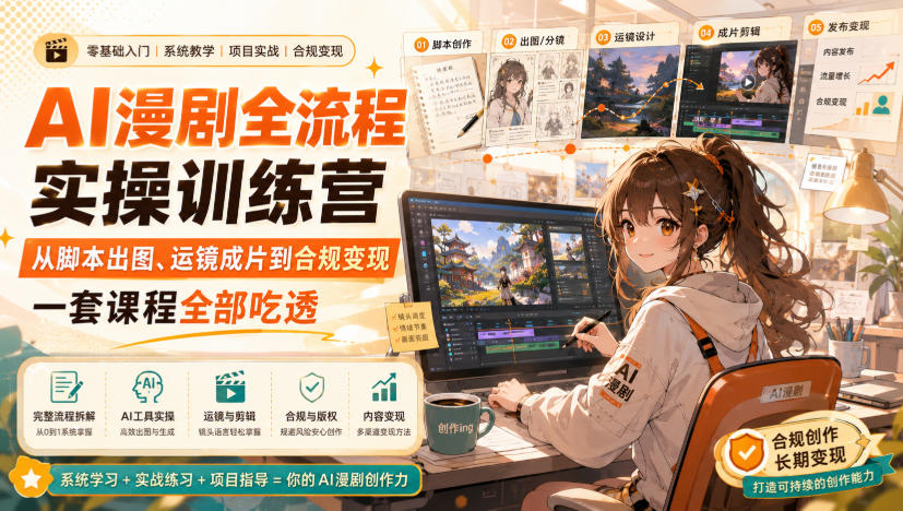 AI漫剧全流程实操训练营,从脚本出图、运镜成片到合规变现,一套课程全部吃透-来聚吧