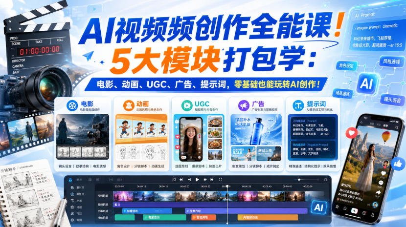 AI视频频创作全能课!5大模块打包学:电影、动画、UGC、广告、提示词,零基础也能玩转AI创作!【原创双语字幕】-来聚吧