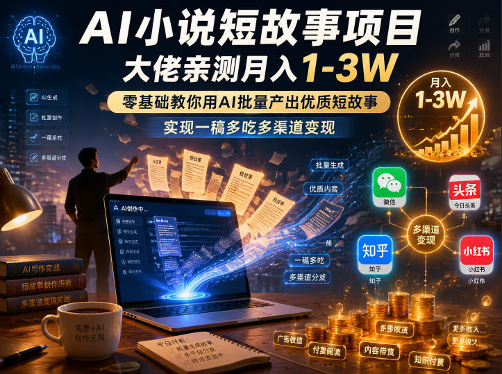 AI小说短故事项目,大佬亲测月入1-3W,零基础教你用AI批量产出优质短故事,实现一稿多吃多渠道变现(更新0824)-来聚吧