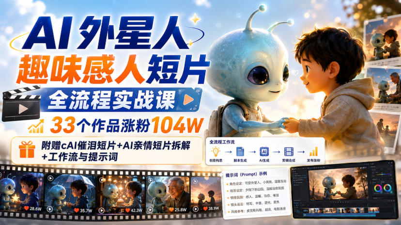 AI外星人趣味感人短片全流程实战课,33个作品涨粉104W,附赠AI催泪短片+AI亲情短片拆解+工作流与提示词-来聚吧