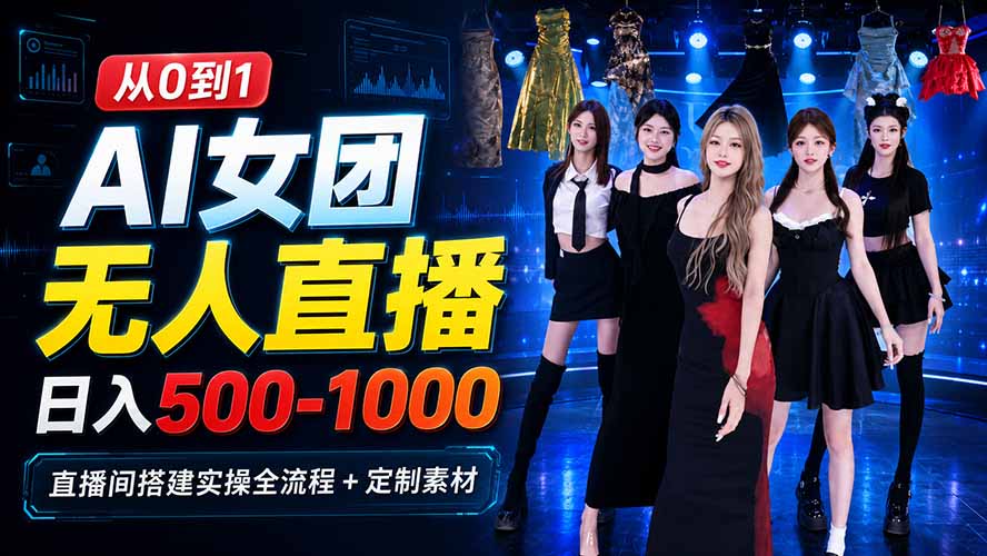 AI 女团无人直播，躺入500-1000每天，直播间搭建实操全流程+定制素材-来聚吧