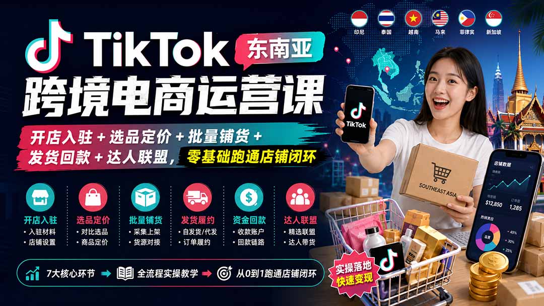 TikTok东南亚跨境电商运营课：开店入驻+选品定价+批量铺货+发货回款+达人联盟，零基础跑通店铺闭环-来聚吧