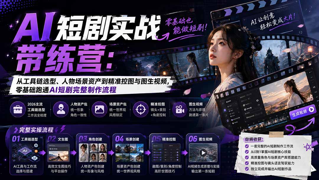 AI短剧实战训练营：从工具链选型、人物场景资产到精准控图与图生视频，零基础跑通AI短剧完整制作流程-来聚吧