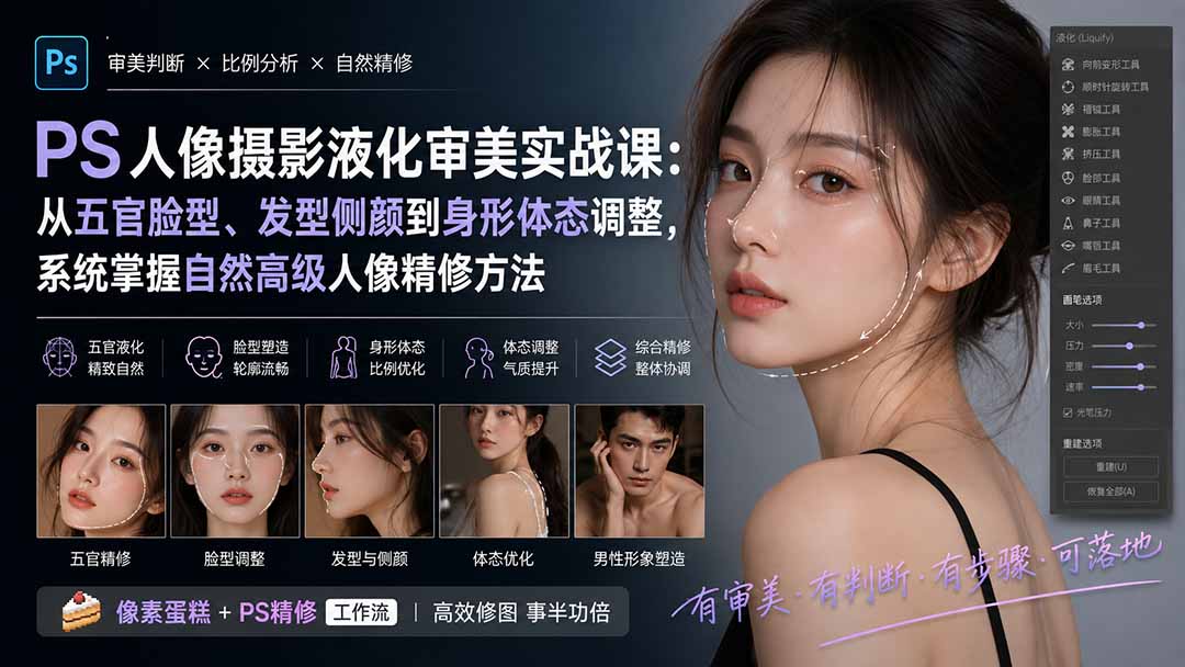 PS人像摄影液化审美实战课：从五官脸型、发型侧颜到身形体态调整，系统掌握自然高级人像精修方法-来聚吧
