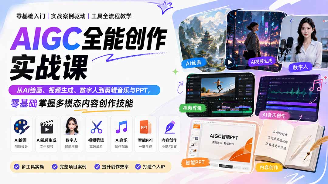 AIGC全能创作实战课:从AI绘画、视频生成、数字人到剪辑音乐与PPT,零基础掌握多模态内容创作技能-来聚吧