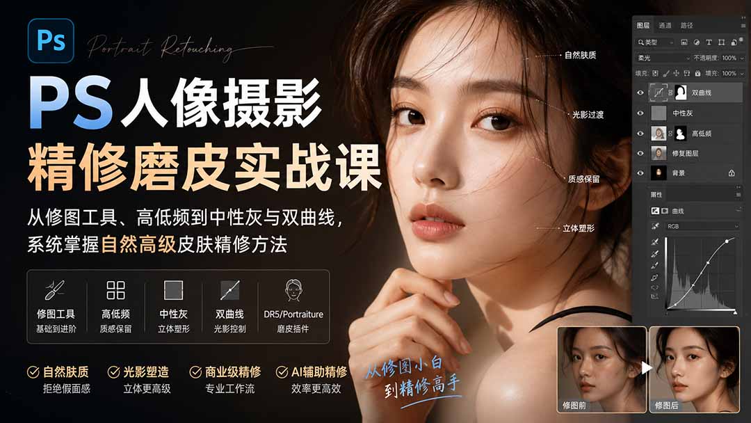 PS人像摄影精修磨皮实战课：从修图工具、高低频到中性灰与双曲线，系统掌握自然高级皮肤精修方法-来聚吧