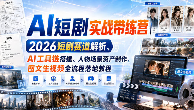 AI短剧实战带练营|2026短剧赛道解析、AI工具链搭建、人物场景资产制作、图文生视频全流程落地教程-来聚吧