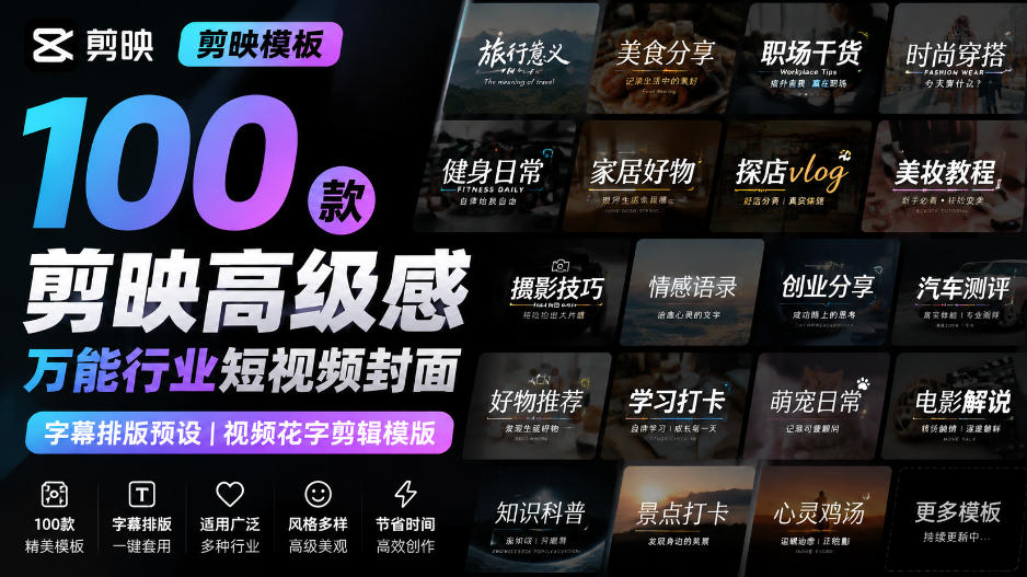 【剪映模板】100款剪映高级感万能行业短视频封面字幕排版预设视频花字剪辑模版-来聚吧
