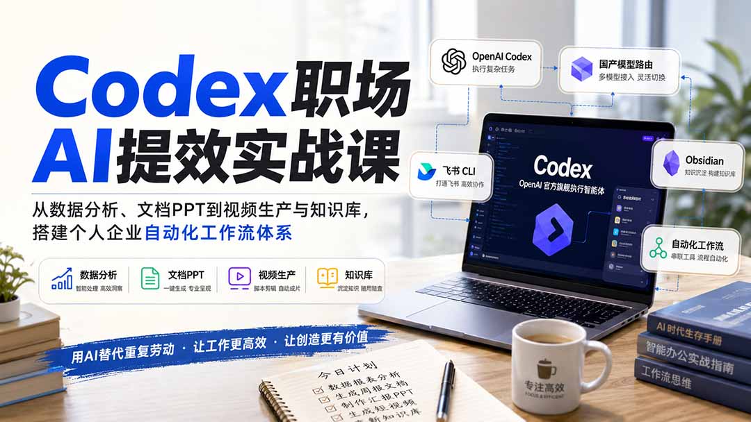 Codex职场AI提效实战课:从数据分析、文档PPT到视频生产与知识库,搭建个人企业自动化工作流体系-来聚吧