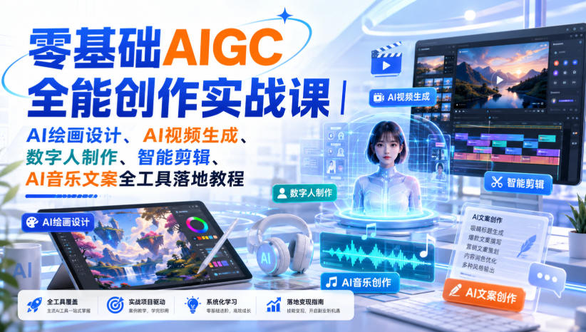 零基础AIGC全能创作实战课｜AI绘画设计、AI视频生成、数字人制作、智能剪辑、AI音乐文案全工具落地教程-来聚吧