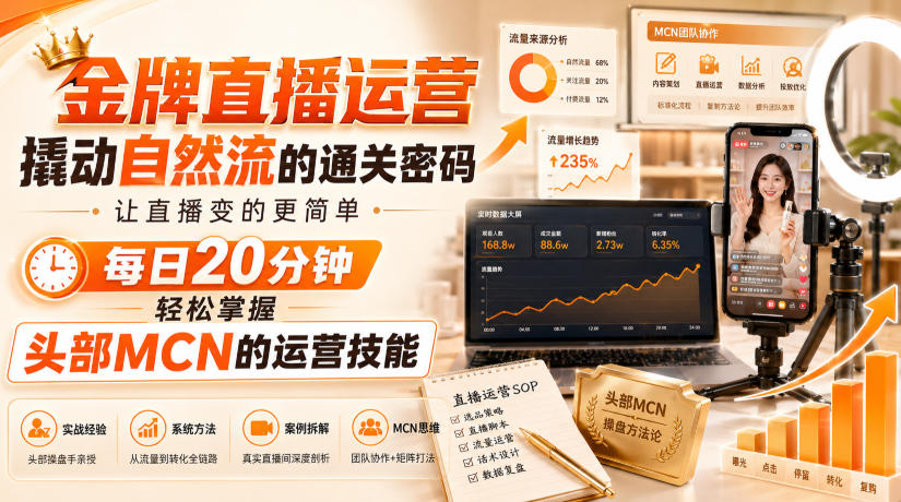 金牌直播运营撬动自然流的通关密码，让直播变的更简单，每日20分钟，轻松掌握头部MCN的运营技能-来聚吧