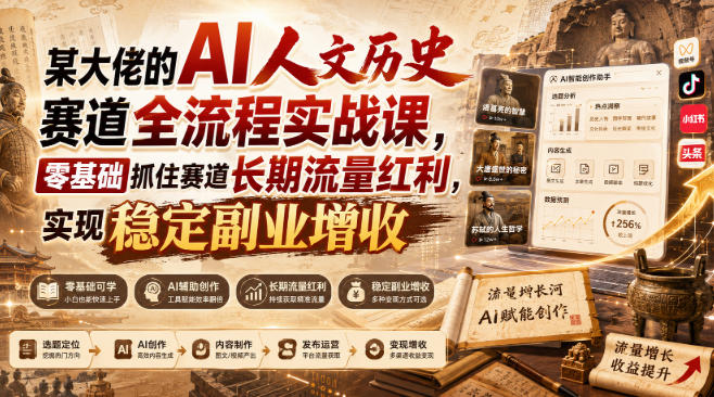 某大佬的AI人文历史赛道全流程实战课,零基础抓住赛道长期流量红利,实现稳定副业增收-来聚吧