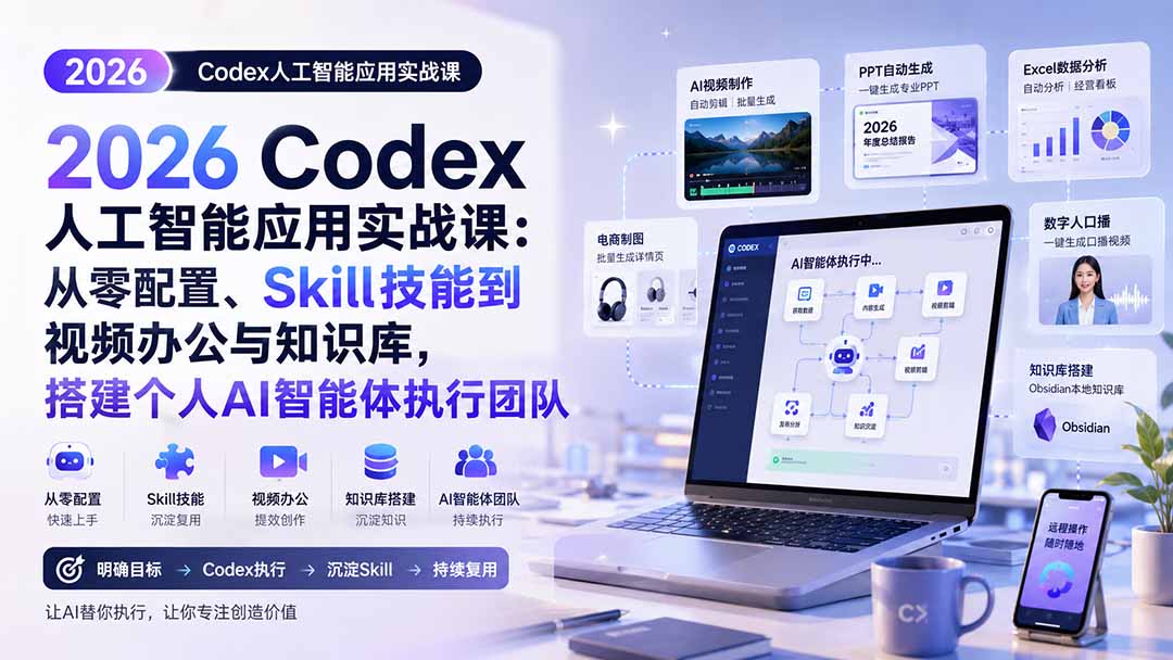 2026 Codex人工智能应用实战课:从零配置、Skill技能到视频办公与知识库,搭建个人AI智能体执行团队-来聚吧